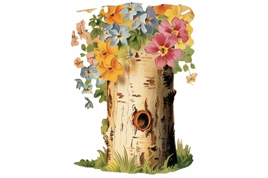 Vintage 1920 detailed Birch Tree Trunk With Flowers Illustration, Chromolithograph, Die Cut, 1920s Illustration, Vintage, Chromolithograph, Colorful, Antique, Ephemera, Clipart, 8k, Isolated on white
