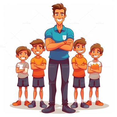 group of Physical Education kid students with a male teacher in the front, vexel art, cartoon, clipart,cute,clean,flat vector design, 2d,detailed, t-shirt vector design, isolated in white background