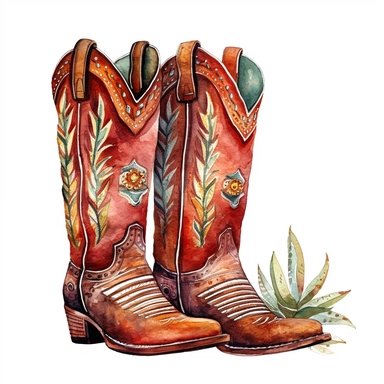 watercolor western boho cowboy boots, clipart, isolated on white background