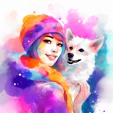 furry, female, very feminine, dynamic watercolor artwork with abstract elements and anime-inspired dog, perfect for use as clipart, The art style is energetic and lively, with a focus on bold and sweeping brushstrokes, The mood of the artwork is upbeat and optimistic, with a sense of the characters' outgoing and cheerful personalities, The lighting style is bright and vivid, with lively lighting casting a fun and playful atmosphere, T-shirt design graphic, vector, contour, white background