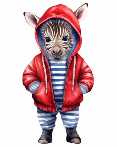 detailed watercolor Baby Zebra with jacket , hyper realistic, isolated on a white background, clipart