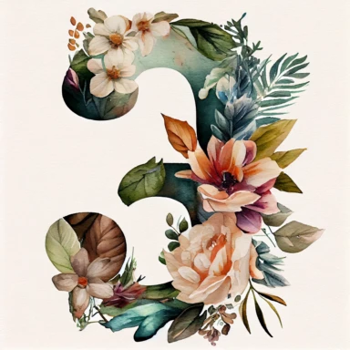 The number 3 Bold text made up of pictures, with flower and watercolour foliage, etsy png clipart style, ink and watercolour, fill space with single image, with flower and watercolour foliage, etsy png clipart style, ink and watercolour, fill space with single image, + Sharp + realistic, photo realistic, symmetrical, high detail,2D