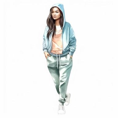 watercolor style, beautiful asian american woman wearing tracksuit, hoodie and sneakers, realistic, clipart, isolated on white background, 4K