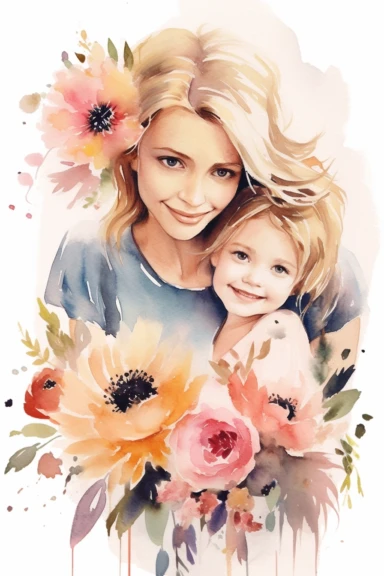 Easy cut out, dreamy watercolor smiling clipart mom and daughter 5 years old