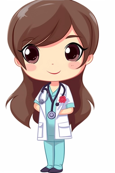 nurse cartoon girl wearing a stethoscope around her neck on a white background, dressed in medical scrubs, cute and happy, dreamy, high quality, miniaturecore, flower power, emotive gestures, kawaii, chibi, close up, in the style of naoko takeuchi, clip art, артур скижали-вейс, brown, prudence heward, comic art, animated gifs, dark bronze and dark aquamarine