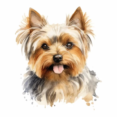 close up high detailed, Hand drawn watercolor clipart of a cute Yorkshire Terrier in Italy farm, on a white background