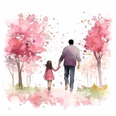 detailed father's day clipart featuring a smiling father and daughter, holding hands while walking in a garden full of vibrant flowers and blooming trees, capturing the love and warmth between them, Watercolor painting, using soft pastel colors and light brush strokes to create a dreamy effect water color father, super cute, solid white background, clipart , fatherhood