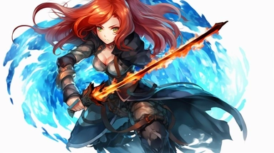 an anime character with red hair and blue flames, transparent background png clipart,anime,a city,a person with red hair and black clothes holding a sword in her hand,friends