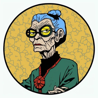elderly wrinkled arcane female monk witch Basil Wolverton, Dungeons & Dragons, handpainted punk zine fashion poster, clipart illustration, circle white background, circle border
