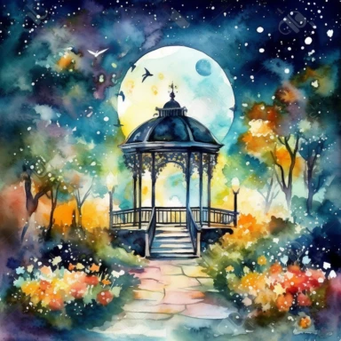 clipart style, watercolor scene of A dreamlike illustration of a Moonlit Garden, with the moon casting a soft radiance on the landscape. Colorful flowers bloom alongside a winding pathway, leading to a charming garden gazebo. The starry night sky above creates a mesmerizing backdrop, evoking a sense of tranquility and enchantment in this magical garden, HD, on white background