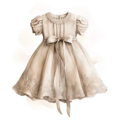 Clipart, vintage, baptism kid dress, hand painted, linen, with laces, beige, romantic, delicate