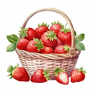 picturesque, simple, bright, the best simple Assorted strawberry in a basket in the world, clipart on white background, watercolor, painted by Beatrix Potter, 8k