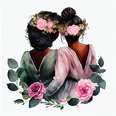 Watercolor black women best friends hugging each other sitting with their backs together with pink roses and delicate vines clipart