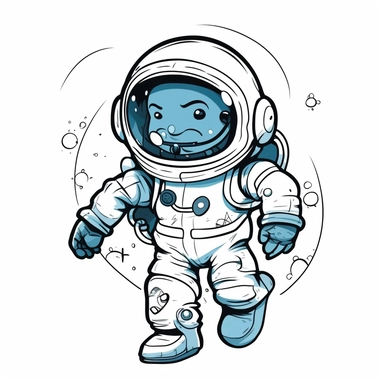 stylized black and white vector graphics, cartoon style astronaut isolated on a white background, created by Brian Kesinger, full-size dynamic action pose, monochromatic, simple and basic and minimalist and flat, thick blue outlines, coloring book page, doodle and silhouette, clipart