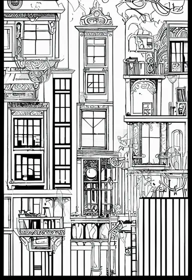 thick lines, 1, 1bit, 1 white steampunk house, 1 white sticker art, 1 color by numbers, 1 simple drawing, 1 white coloring page for adults, 1 , white printable outlined artwork, 1 white coloring book page, 1, line art, 1 white backdrop, crisp lines, vector image, svg style, clipart style,