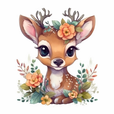 A cute baby deer, with beautiful big eyes, vectorial clipart, sublimation, vegetation around, flowers on the head