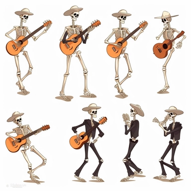 collection halloween dancing skeletons playing guitars, clipart, white background