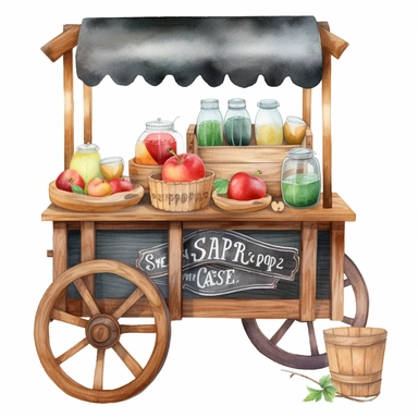 create a beatiful highly deatailed and saturated disney style watercolor clipart image of an old fashion wooden bakery cart selling apple juice and hot apple cider, with a small decorative wooden chalkboard sign, white background, no text, no font