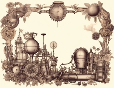 blank ephemera paper page with ornate border illustrations vintage steampunk era elements, airbaloons, trains, gears and engines pencil sketch , greeting card design, old botanical books style drawing, vintage, distressed textures, muted colors, craft paper texture, handwriting lines in background, pen and ink on paper with watercolor washes Watercolor, vector, white background, rice paper texture, clipart, flat illustration, outlined , Vector, 4K, Art station, digital print, highly detailed cle