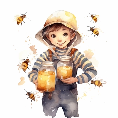 cute beekeeper holding honey, clipart, close-up, one illustration per image, watercolor, white background
