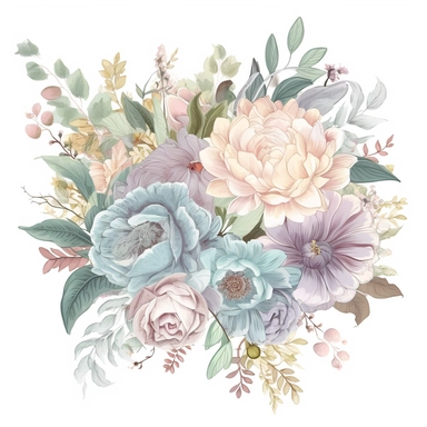 detailed floral clipart featuring an assortment of soft pastel flowers and soft green foliage arranged in an elegant bouquet, wedding style, on a white background, the composition should highlight the delicate petals, intricate patterns, and unique shapes of the individual flowers. Capture the essence of a flourishing garden with a harmonious blend of colors and a variety of floral elements, including roses, tulips, daisies, and wildflowers. Present the clipart on a transparent background, allow