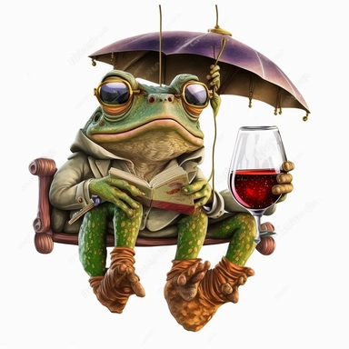 studious toad with glasses and red wine in his hand while hanging under a glider, vintage, funny, white background, clipart, no shadows, caricature