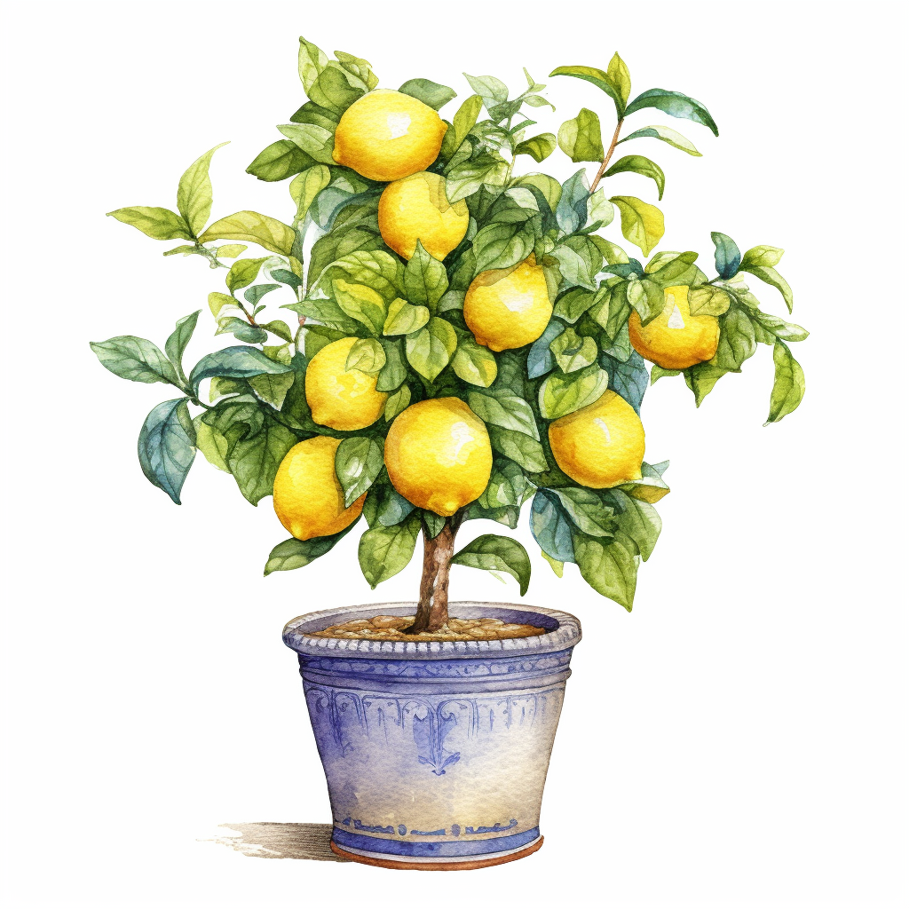 watercolor lemon tree planted in mediterranean pot clipart on white ...