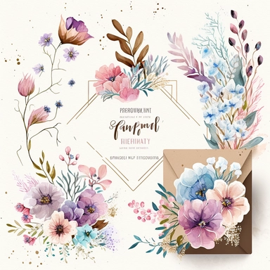 Wildflower Clipart Watercolor Floral Wedding Spring Flowers Premade Corner Arrangement. Bachelorette party, pink, blue, purple and brown pastel colors on white background FOR GIFT CARD, WEDDING INVITATIONS