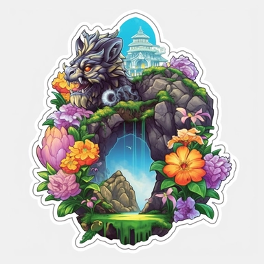random animal, close up, a sticker, artwork of t shirt graphic of majestic forest, in digital painting style , beautiful flowers, sunset mountains and clouds , big vines, stone temple covered in vines, white background, colorful fantasy flower surround, highly detailed clean, vector image, photorealistic masterpiece, professional photography, realistic, flat white background, isometric, vibrant vector, clipart, illustration, realism, 4k, , cinematic, front view, white background, paradise, extre