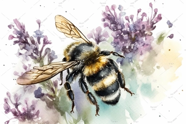 Aquarelle Bumble Bee Clipart on thyme flower, detailed painting, white background, single design, isolated white background, 8k, spaced out