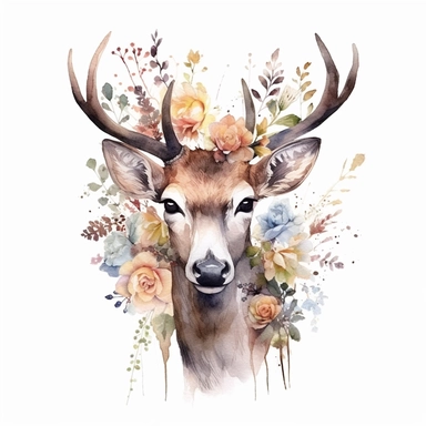 deer with flowers, clip art, watercolor, intricate details, white background