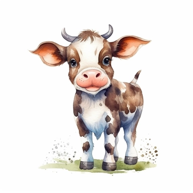 Full-length illustration of adorable cow, clip art, digital art, HD, white background, watercolor, clear liner