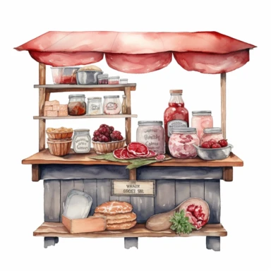 hand drawn ROADSIDE STAND WITH STRAWBERRY JAM AND COUNTRY HAM leg , very detailed and realistic , watercolor, white background with margins, clipart style