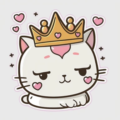 vector art style clipart of a super cute kawaii cat in love, hearts, lovely, excited, anime sparkling eyes, tiara on its head, kawaii style, sticker style, white outline, white background
