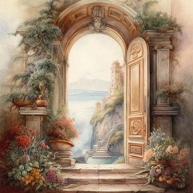 watercolor mixed media fantasy art of a exit from the castle, through the door you can see a landscape with an roses garden and a road stretching away into the mountains, richly decorated with roses, provence, masterpiece by Ivan Fedorovich Choultse style and by Rodney Matthews style and by Vladimir Kush style, Baroque Architecture, PNG clipart, isolated on white, extreme photorealistic details, 32k HD resolution, realistic high detailization high resolution