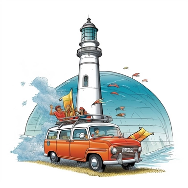 Visualize a scene of adventure: a van elegantly navigating through a misty wave, surfboards ready for thrilling rides, with a towering lighthouse shining its beacon in the distance, against a clean white backdrop, illustration style, white background, clipart, PNG pure white background, high resolution, hyper detailed, best quality, high detailed illustration
