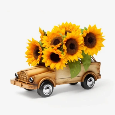 bundle of sunflowers amazing in a woodan toy car, golden hour, close-up, cinematic white background, 8k clipart watercolor,--ar 16:9 png, no colour background