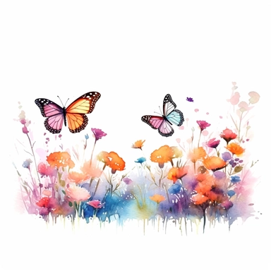 watercolor style butterflies flying among delicate wildflowers isolated on white background clipart