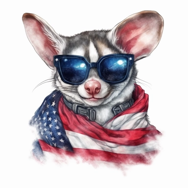 closeups shot, low angle, watercolor style, Sugar glider is sitting, wears American flag scarf and sunglasses, hyper-realistic animal illustrations, 2d game art, quadratura, clipart, on white background,