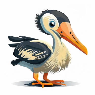 A clipart for kids with a cute baby stork animal motif in frontal view on white background. The animal motif is depicted in bold colors