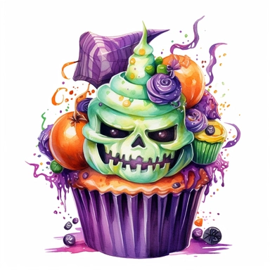 delicious Halloween cupcake with vibrant green, purple, orange, black, colours, witches hats, skulls, spiders and bats, pumpkins and candy confetti, owatercolour illustration clipart, extremely detailed, 4k, high quality, isolated on white background