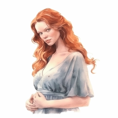 Watercolor drawing of a dreamy beautiful ginger pregnant woman, romantic watercolor clipart, white background, isolated on white, 8k, watercolor style