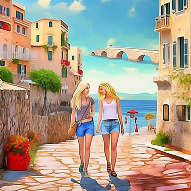 panoramic view, full view, landscape, two beautiful female best friends with blonde hair walking side by side, smiling and chatting, beautiful faces, along a cobblestone walkway in a beautiful mediterranean town with view of beautiful blue water, cascading bougavanelia, beautiful summer day, illustration clipart, photo realistic, romantic, fantasy, ethereal, sharp focus, high detail, no holding hands,
