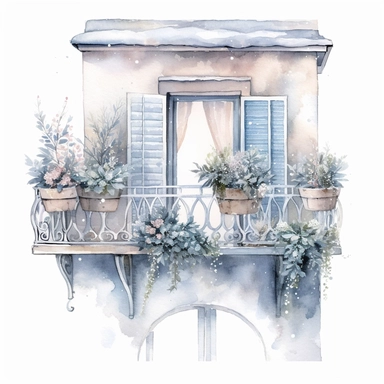 watercolor clipart of a cute vintage balcony, sparkles, cosy winter wonderland vibes, isolated on white background