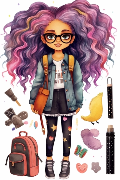 clipart set Cute illustration fashion black girl with colored hair back to school watercolor clipart, full body, Cute kawaii sticker