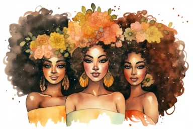 3 brown skin sisters with big hair, colorful watercolor clipart