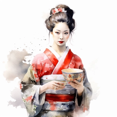 watercolor, white background, clipart, watercolor, white background, ultra-realistic and hyper-detailed clipart, 2d animation style, very beautiful confident Elegant geisha holding a traditional sake cup (ochoko)