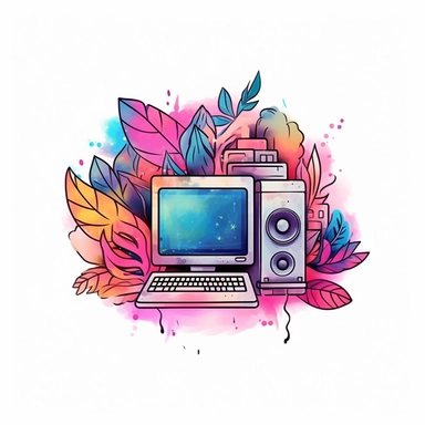 studio logo of a computer's screen clipart , futuristic boho style, in style of Watercolor and ink outline