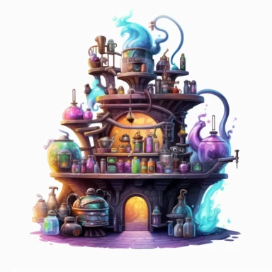 a clipart showcasing an enchanting potion brewing station, complete with bubbling cauldrons, swirling smoke, and shelves filled with colorful potion ingredients, 4k, details, white background