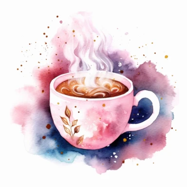watercolor clipart of a cute hot cup of coffee, sparkles, winter wonderland vibes, isolated on white background